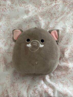SQUISHMALLOW Gray Plush Elephant Pillow with Pink Inner Ears